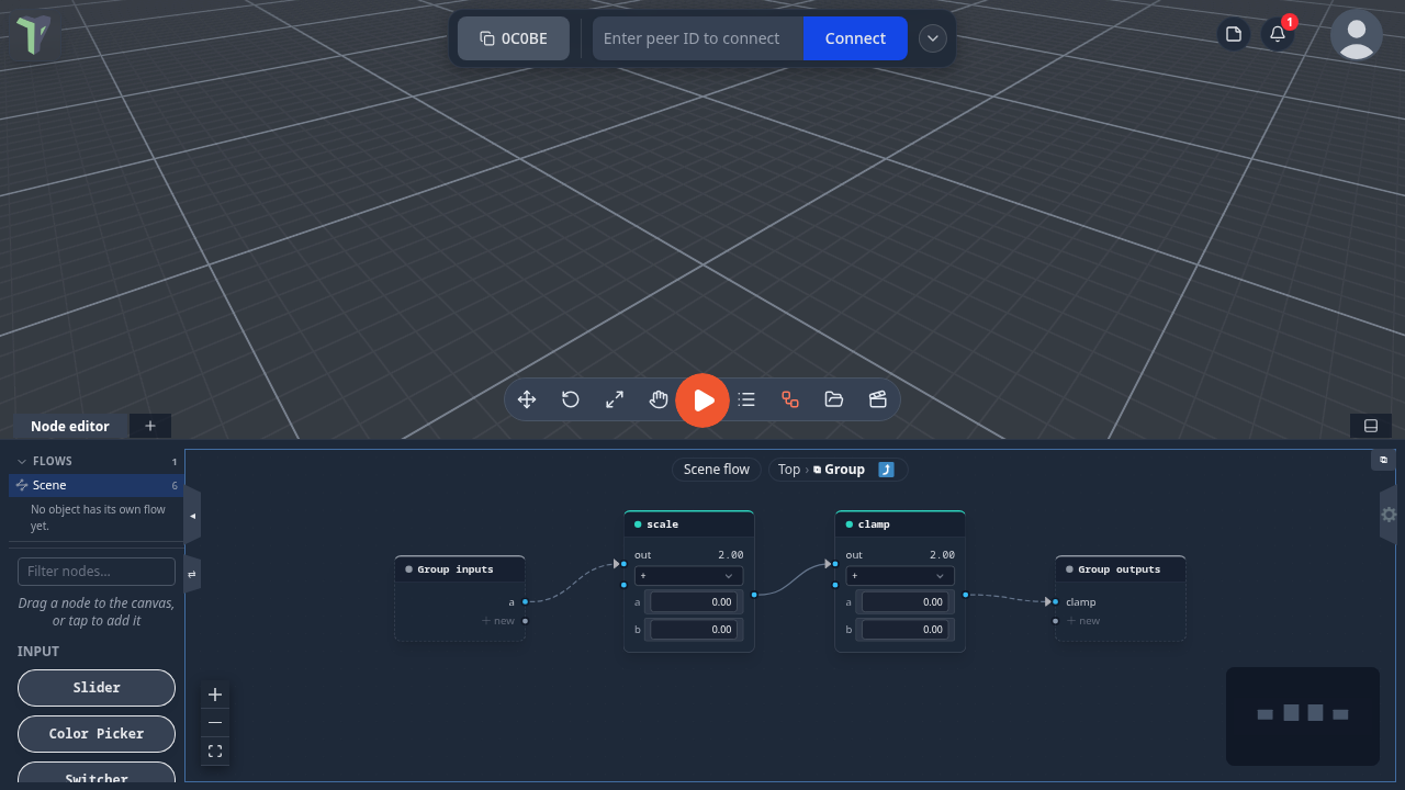 Inside a group: Group inputs on the left, Group outputs on the right, and the breadcrumb at the top