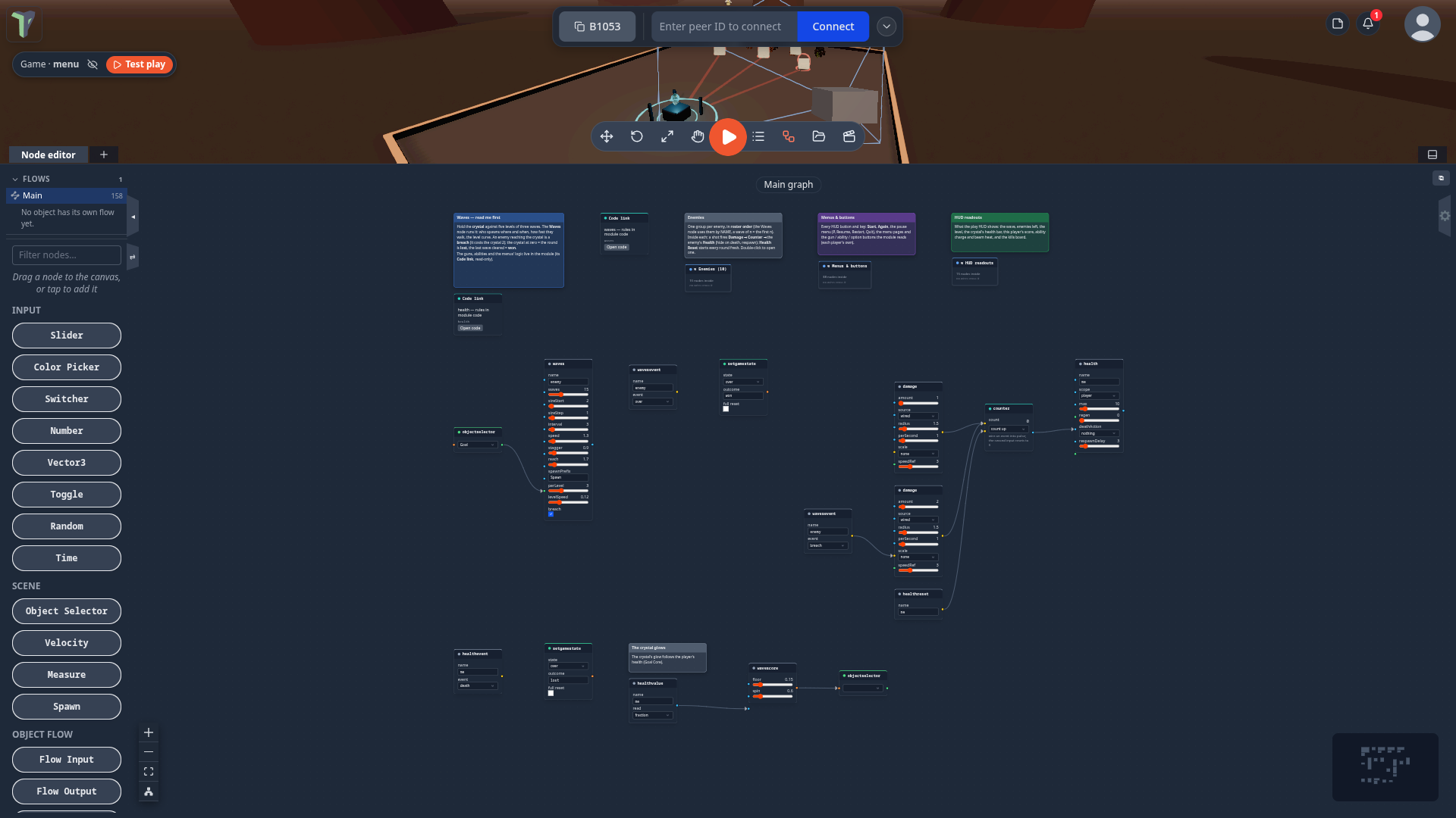 Waves' Main graph after 1.25: the run's rules, three group cards with notes, and the Tidy button in the corner controls