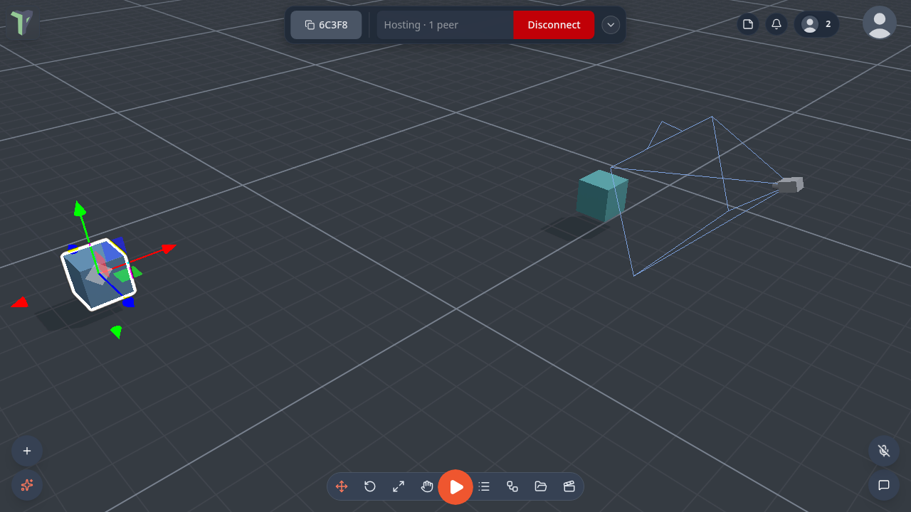 A camera object, its viewing pyramid drawn, aimed at a cube by a Camera Rig