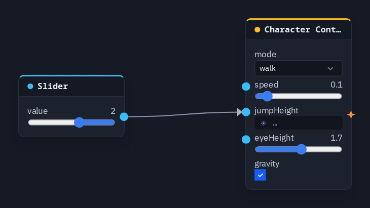 A Slider wired into the jumpHeight input of a Character Controller set to walk