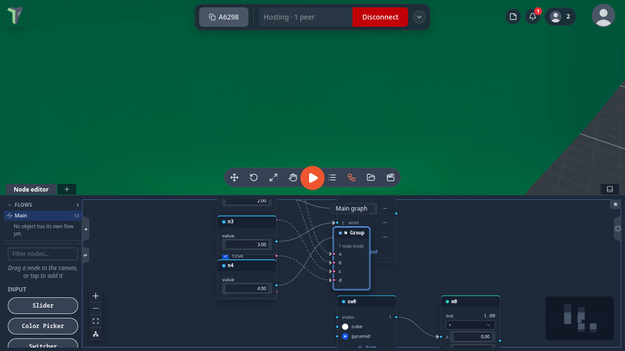 A Gate with four inputs inside a group: the group shows sockets a to d