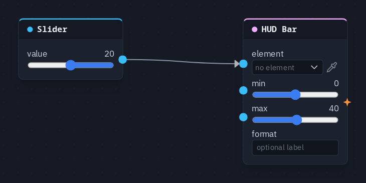 A Slider wired into a HUD Bar's value, with min 0 and max 40