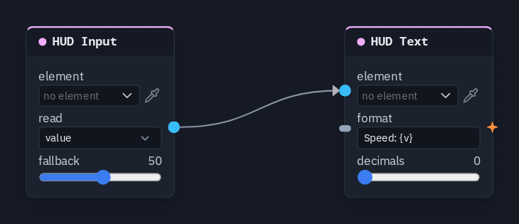 A HUD Input reading a slider, wired into a HUD Text with the format "Speed: {v}"