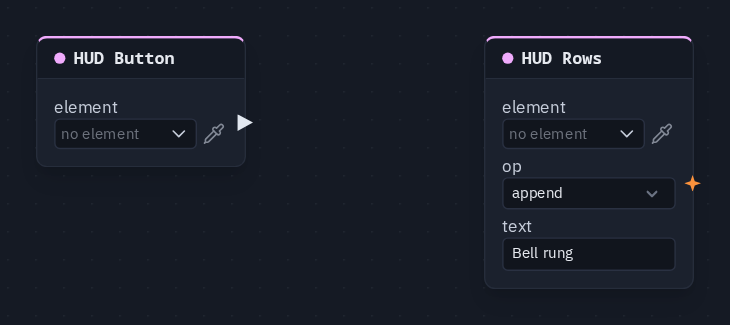 The example's nodes: a HUD Button and a HUD Rows node set to append the row "Bell rung" — in 1.42 the HUD Rows card has no trigger socket to wire into