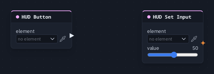 The example's nodes: a HUD Button and a HUD Set Input whose value is 50 — in 1.42 the HUD Set Input card has no trigger socket to wire into