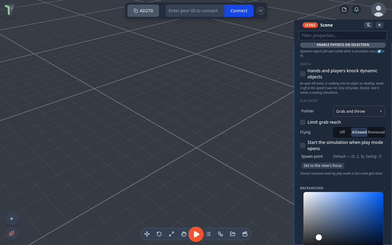 Configure Scene ▸ Physics ▸ Play mode, with Flying set to Allowed