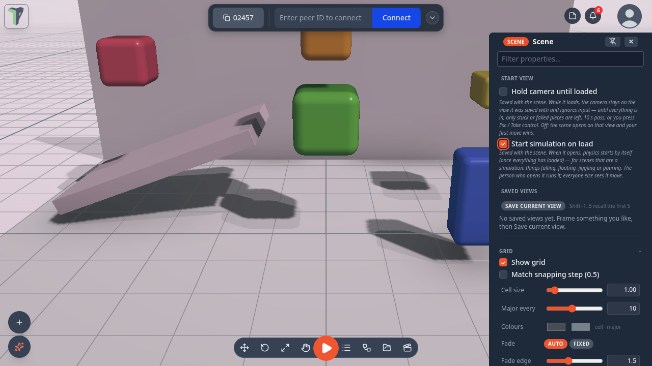 Configure Scene ▸ Camera ▸ Start view with Start simulation on load ticked
