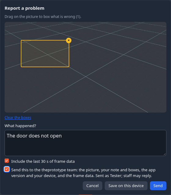 Report a problem: a box drawn on the picture, a note, and the Send box ticked