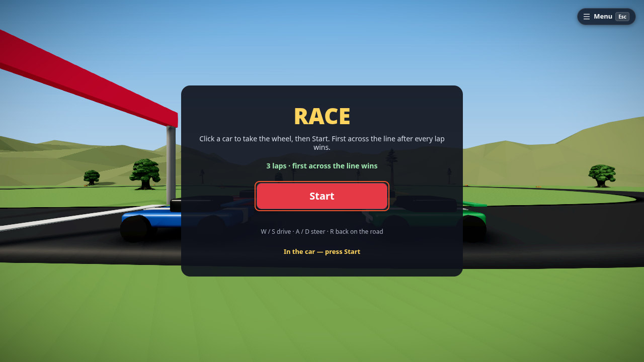 The Race start screen: click a car, then Start
