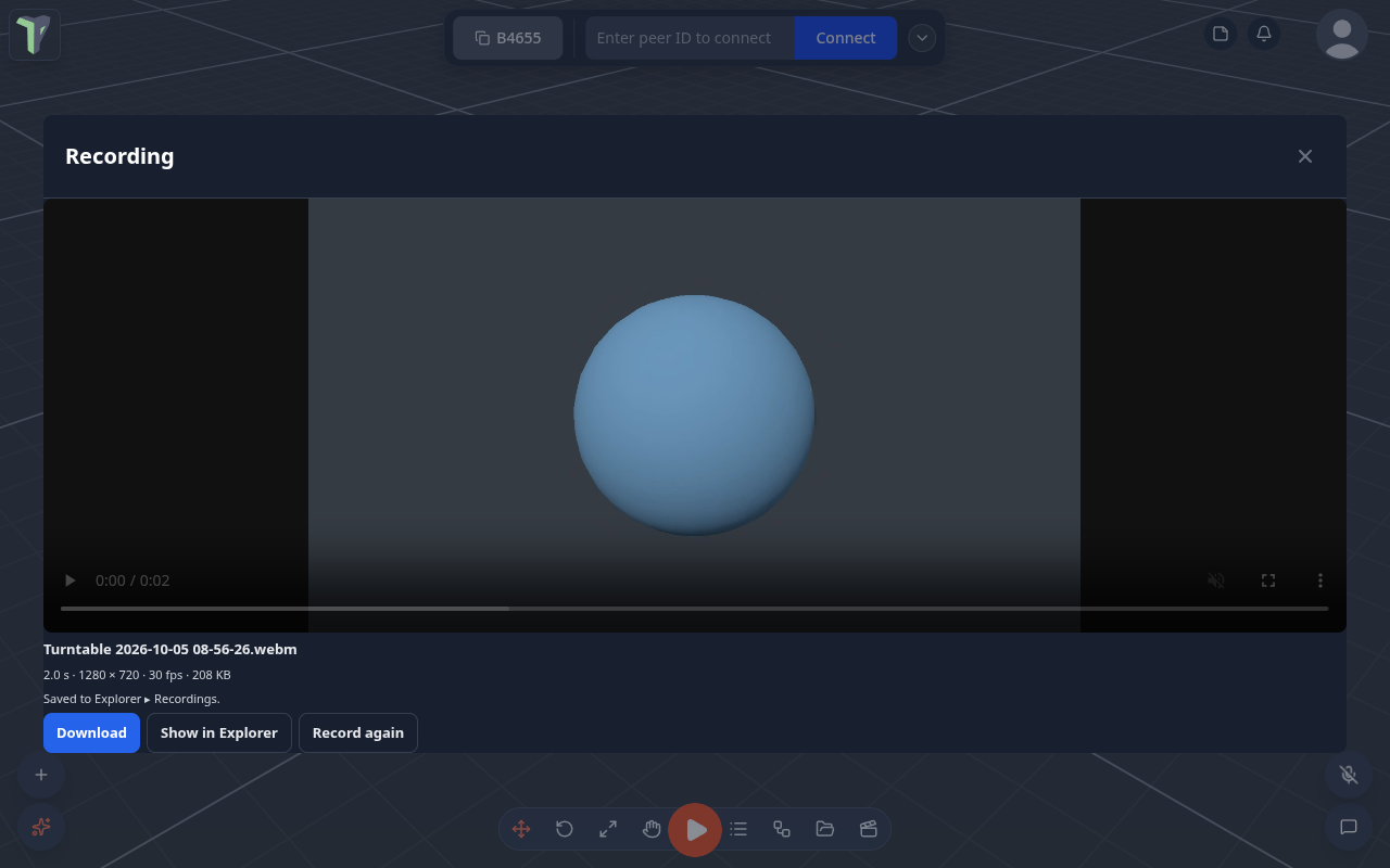 The finished take: Download, Show in Explorer, Record again