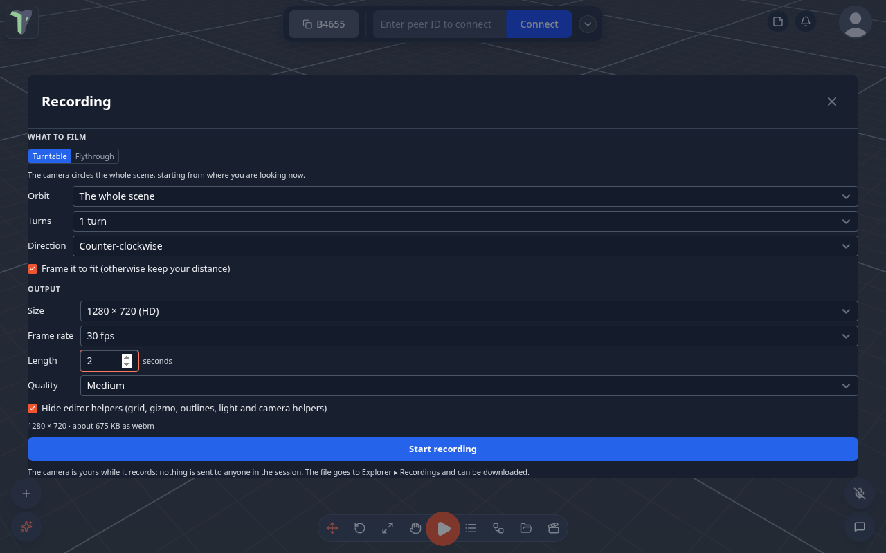 The Recording dialog set to a one-turn turntable of the whole scene
