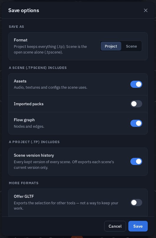 Save options on a computer: Save as Project or Scene, what a scene and a project include, and More formats, with Cancel and Save at the bottom