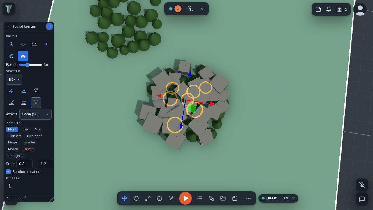 The Select tool: seven instances picked, the gizmo on them and the selection commands in the toolbox