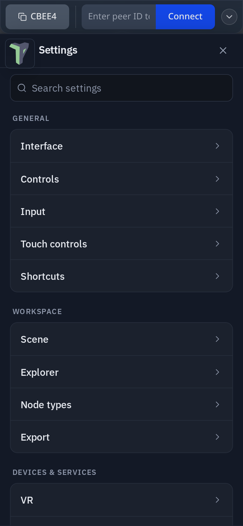 Settings on a phone: the list of categories in their three groups