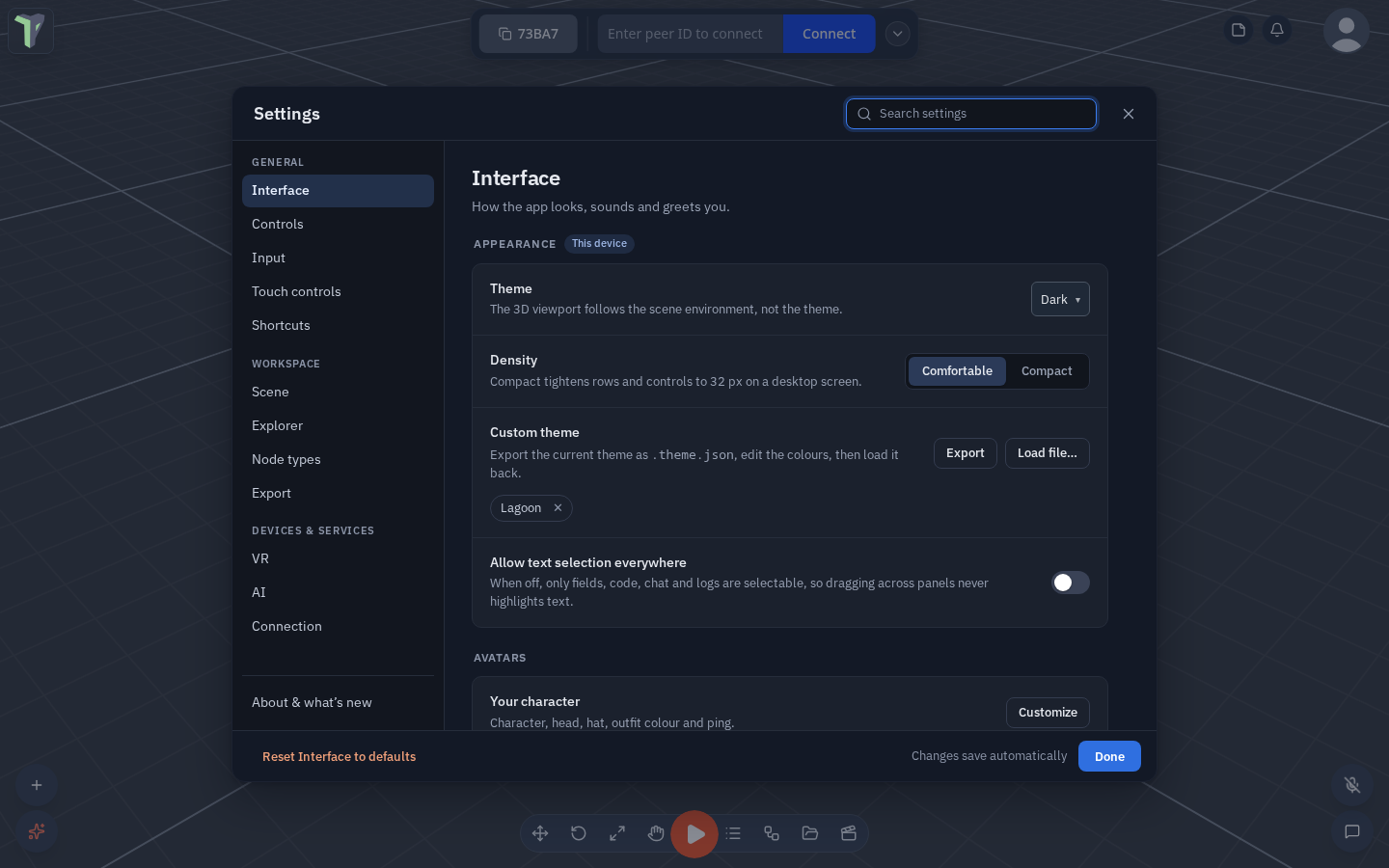 Settings on a computer: the grouped menu on the left, the Interface page with its Appearance rows