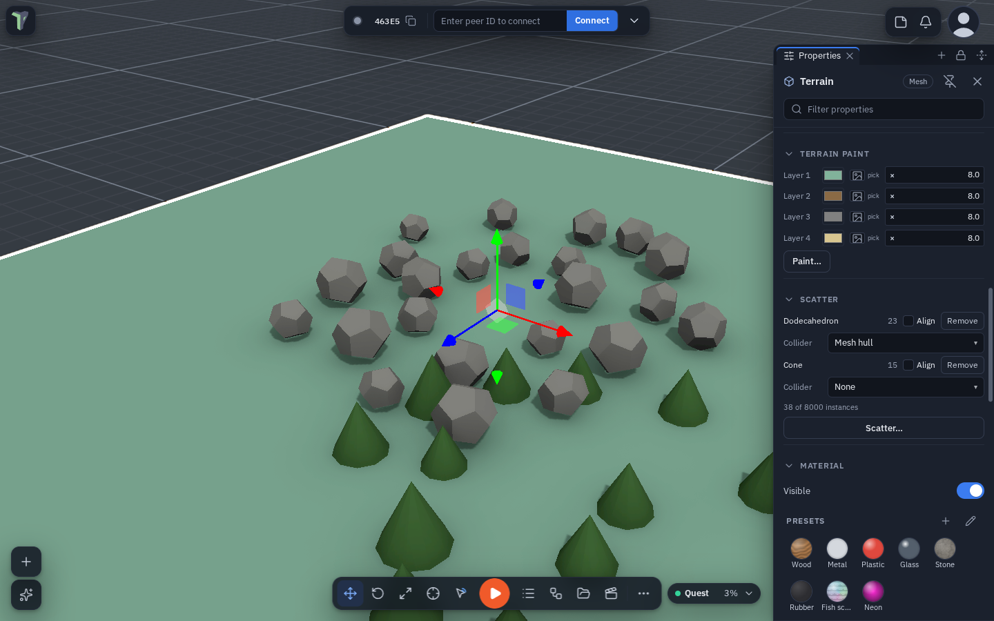 Properties ▸ Scatter: the Dodecahedron rocks set to Mesh hull, the cones left at None