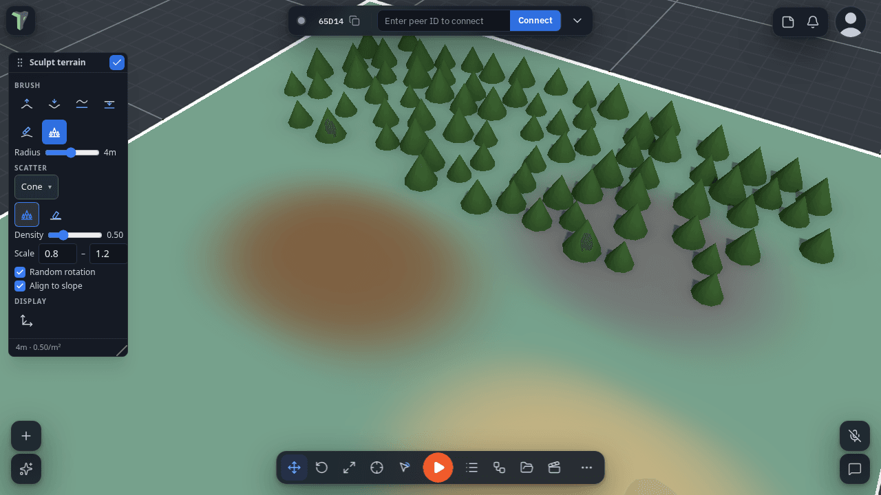 The Scatter brush in the Sculpt toolbox, with cones scattered over a painted terrain