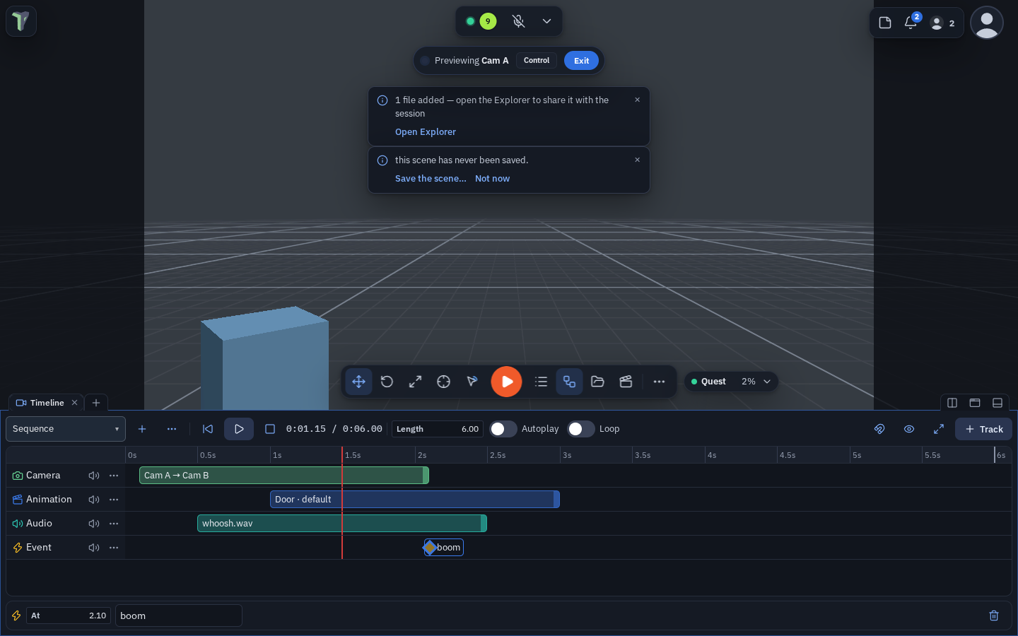 Scrubbing at 1.15 s: the viewport previews the shot through Cam A