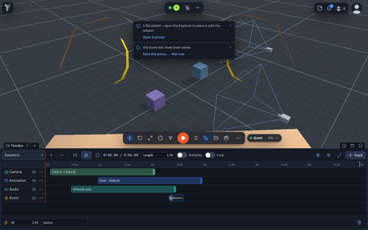 The Timeline docked under the viewport: Camera, Animation, Audio and Event tracks with a Cam A → Cam B shot, a Door clip, whoosh.wav and a boom event