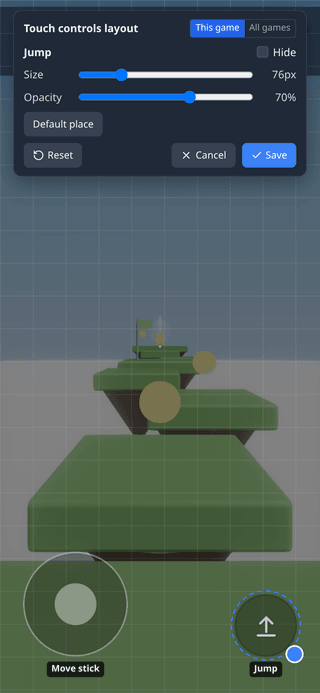 The touch controls layout editor, with the Jump button selected