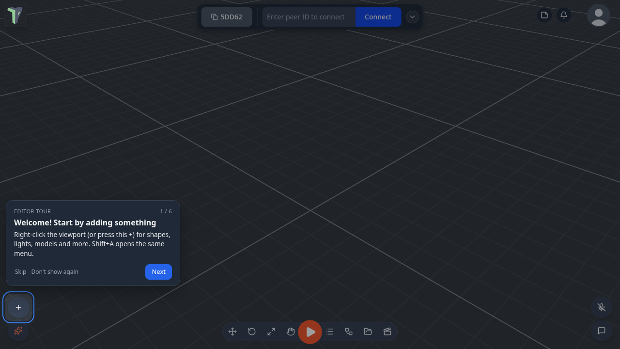 Step 1 of the editor tour, pointing at the + button: Welcome! Start by adding something
