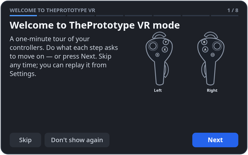 Step 1 of the VR welcome: a drawing of both controllers beside the text, with Skip, Don't show again and Next