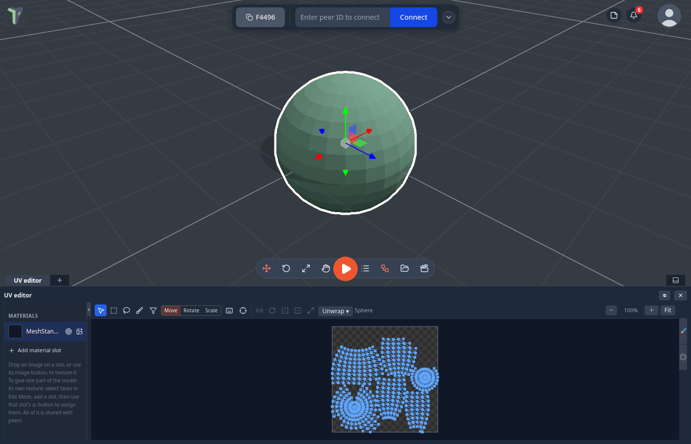 A sphere unwrapped with Smart (xatlas): seams placed automatically, pieces packed without overlaps