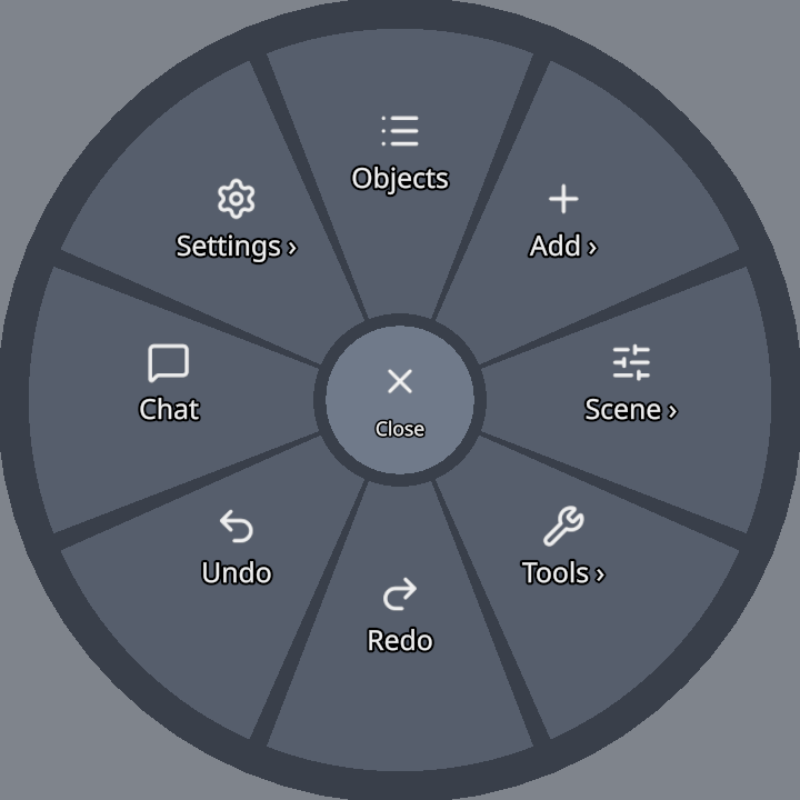 The first ring: Objects, Add, Scene, Tools, Redo, Undo, Chat, Settings around a Close hub
