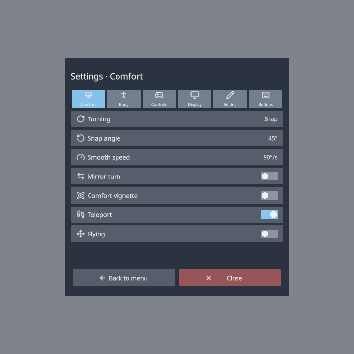 The All settings panel on its Comfort tab
