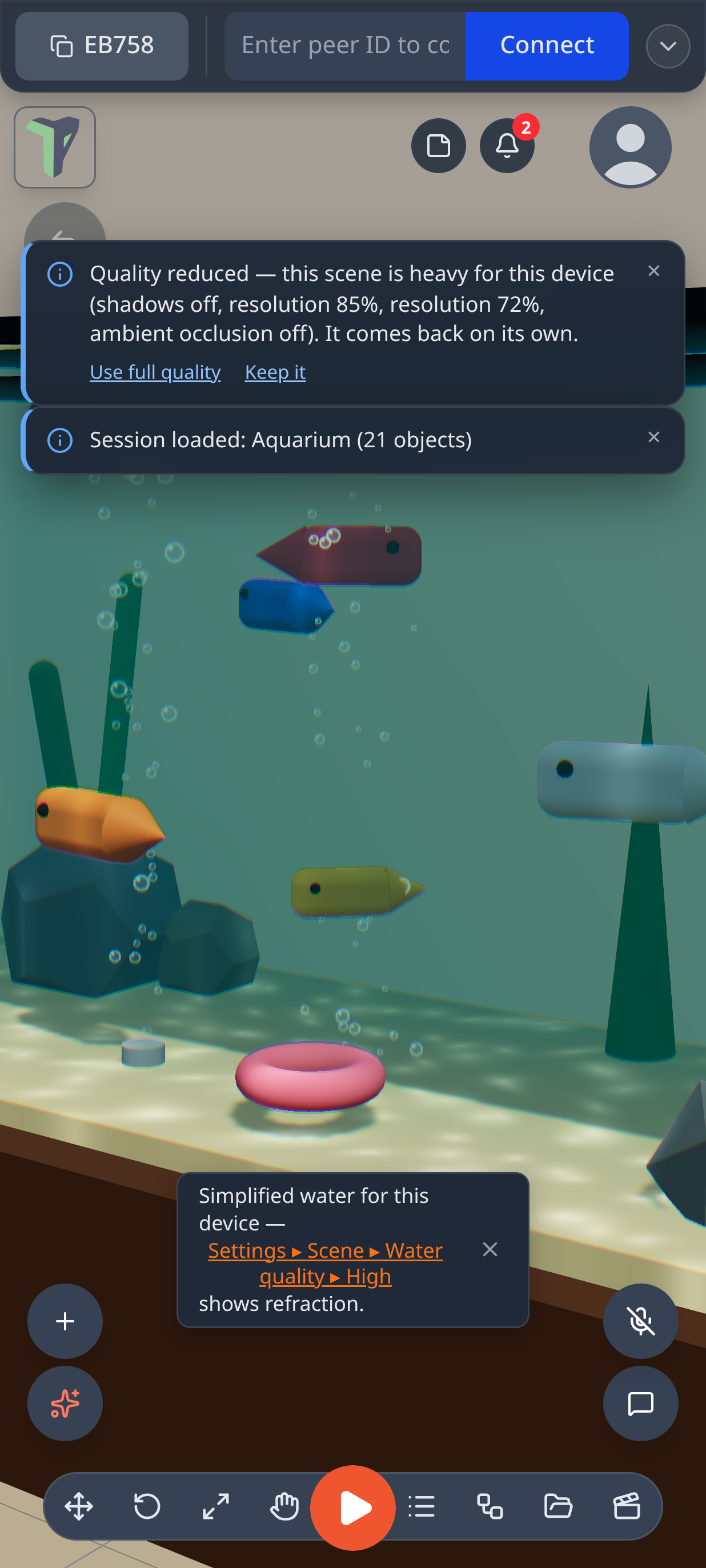 On a phone: the Simplified water notice under the Aquarium, with its link to Water quality ▸ High