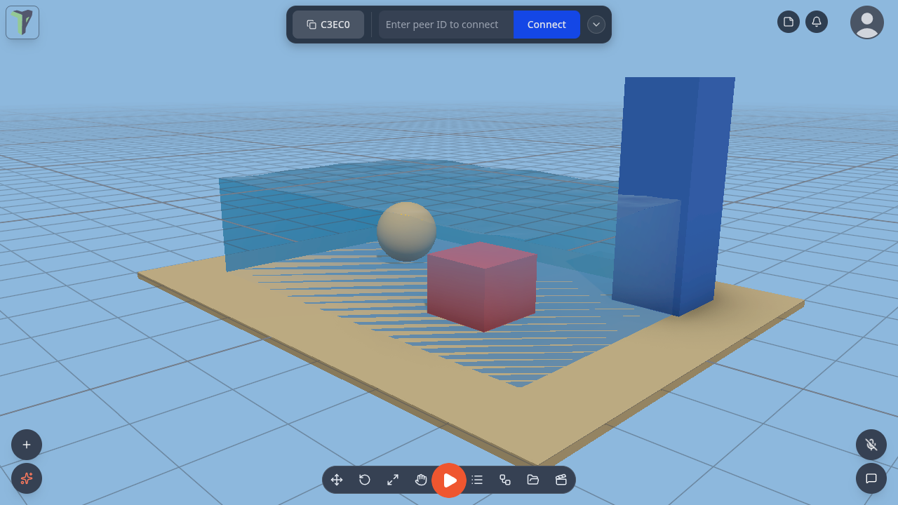A pool in daylight: caustics on the floor, a ball and a crate in the water