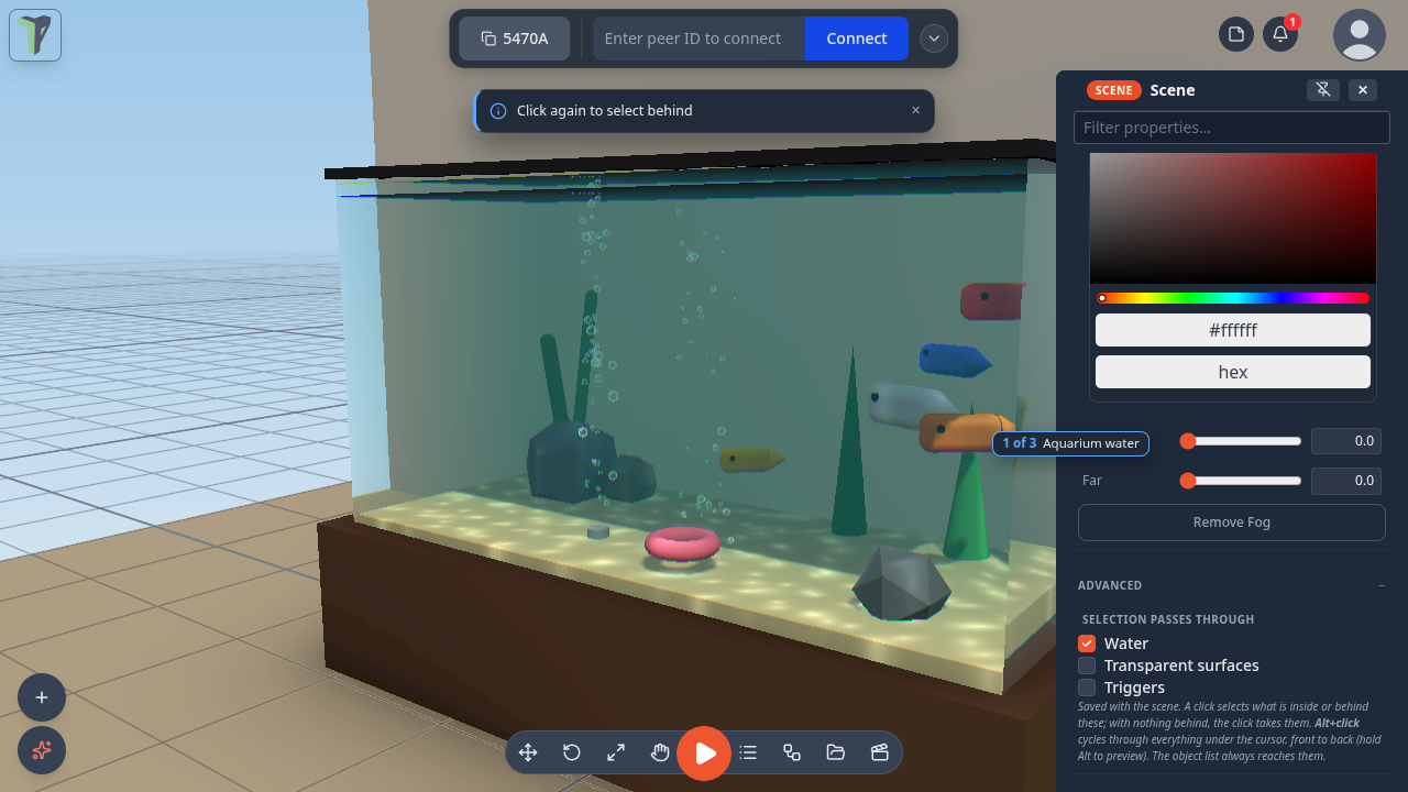 Configure Scene ▸ Advanced ▸ Selection passes through, with the 1 of 3 · Aquarium water chip in the tank